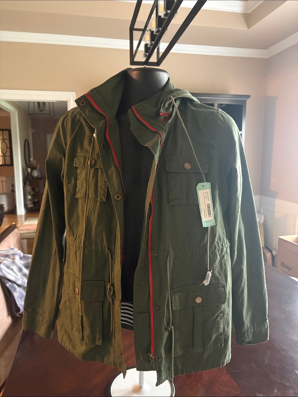 41 Hawthorn Olive Green Utility Jacket with Red-Zip Detail